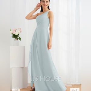 JJ House Mist one shoulder, side slit bridesmaid dress